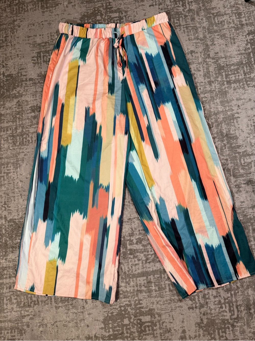 Colorful Striped Drawstring Wide Leg Pants Teal Coral Mint Mustard Women's 3XL - Picture 2 of 9